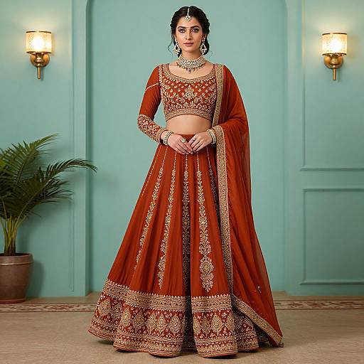 Photograph of a South Asian woman in a red and gold traditional lehenga choli, adorned with intricate embroidery, standing in a teal-walled room