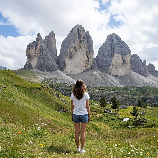 Photograph of a woman with long brown hair in a white t-shirt and denim shorts standing in a grassy meadow, facing towering jagged mountain