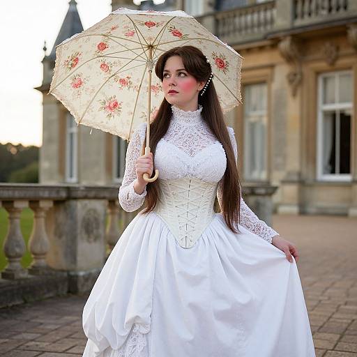 Photograph of a fair-skinned woman with long brown hair, wearing a white lace wedding dress, holding a floral umbrella, standing in front of a