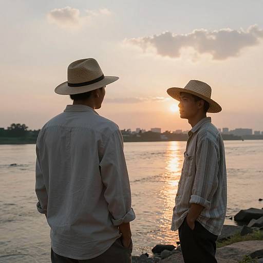 Sunset Serenity: Two Men by the River