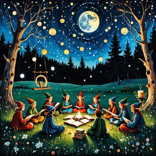 Whimsical Elves Storytelling Under Starry Sky