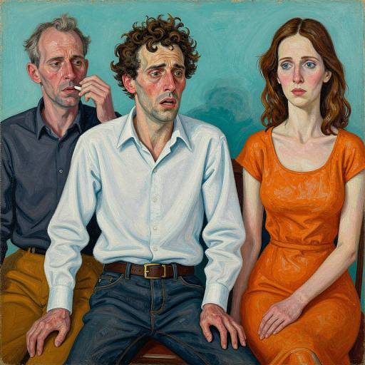 Digital painting of a curly-haired man in a white shirt, a gray-haired man smoking, and a red-haired woman in an orange dress, against a