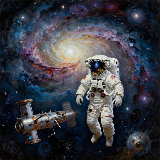 Photograph-style digital illustration of an astronaut in a white spacesuit with a reflective helmet, floating near a satellite and a swirling galaxy in a star-filled
