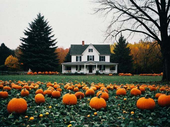 Autumn Pumpkin Field with House Wallpaper