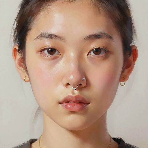 Close-up photograph of an Asian woman with light skin, dark hair in a simple updo, brown eyes, wearing gold hoop earrings, a nose ring