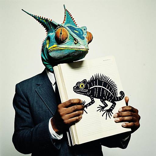 Surreal Chameleon in Suit Holding Sketchbook