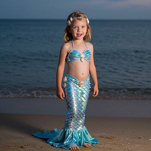 Photograph of a young girl with light brown hair, wearing a blue, sequined mermaid costume and floral headband, standing on a sandy beach