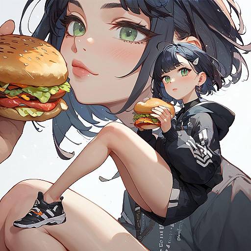 Anime Girl Holding Hamburger Kneeling