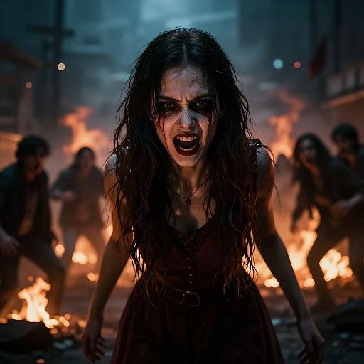 Photograph of a fierce, grimy woman with wild hair and dark makeup, screaming amid a chaotic scene of burning fires and shadowy figures in the