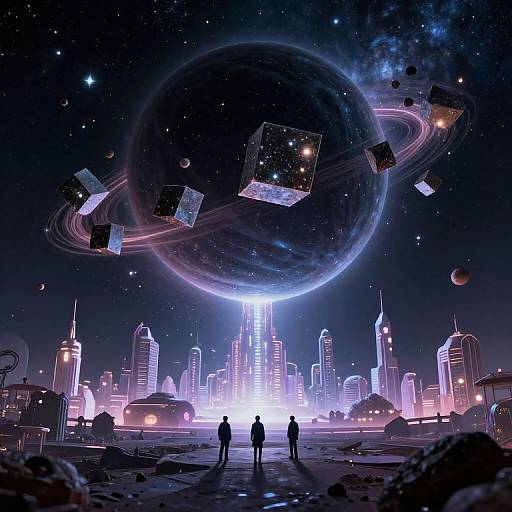 Digital art: Futuristic cityscape under a glowing, planet-sized satellite with orbiting satellites. Silhouetted figures stand in foreground, neon-l