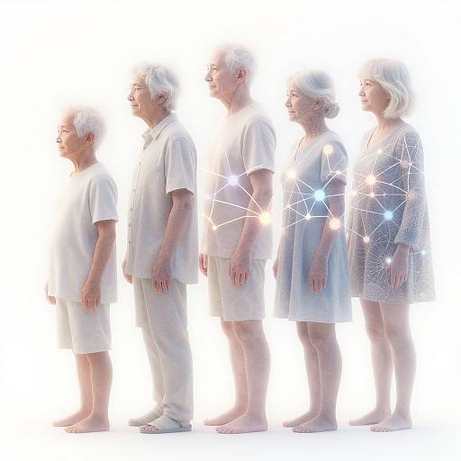 Photograph of five older adults in white clothing, standing in profile against a white background, with glowing star-like effects on two figures.
