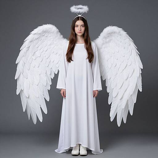 Photograph of a young woman with long dark hair, wearing a white angelic gown, white feathered wings, and a halo, standing against a