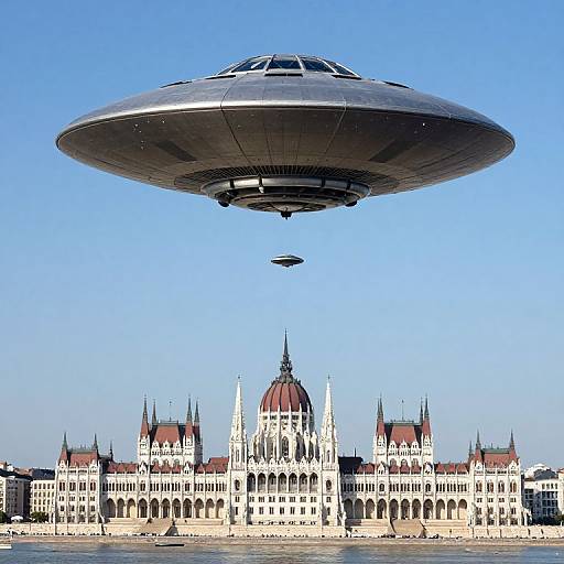 Photograph of a large silver UFO hovering above a gothic-style building with a red dome and multiple spires, under a clear blue sky.