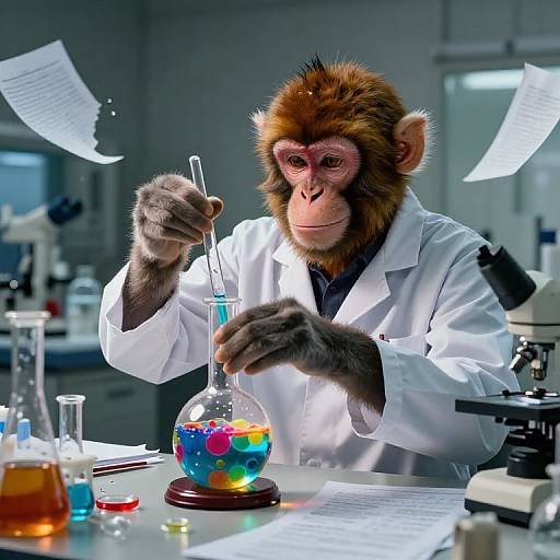Photograph of an anthropomorphic monkey in a white lab coat, conducting science experiments with colorful liquids in a laboratory.