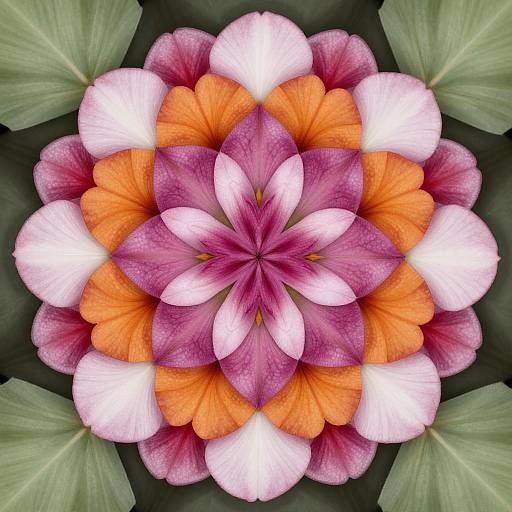 Vivid digital floral mandala with a central pink flower, surrounded by orange and white petals, set against green leafy background.