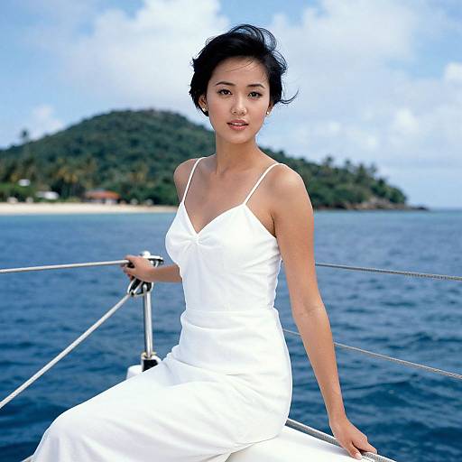 Photograph of an Asian woman with short black hair, wearing a white spaghetti-strap dress, sitting on a boat against a blue ocean and green island