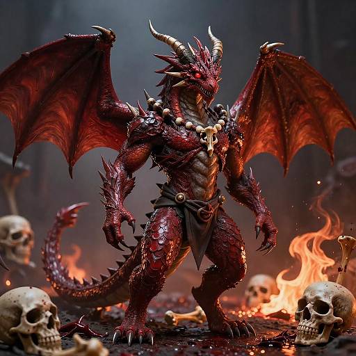 Red Demonic Dragon with Skulls and Fire