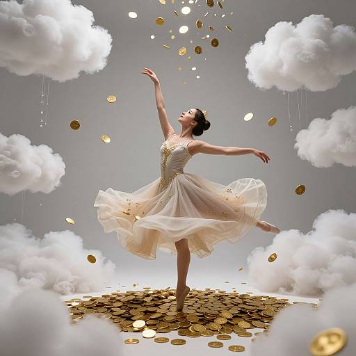 Photograph of a ballerina in a white, flowing dress, dancing on a cloud-covered platform with gold coins floating above and around her.