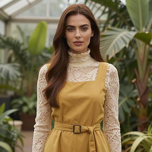 Photograph of a woman with long brown hair, wearing a yellow lace dress with a high neckline, standing in a greenhouse filled with lush green plants.