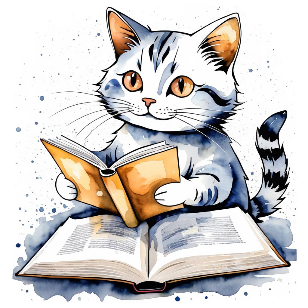 Whimsical Cat Reading a Book Illustration