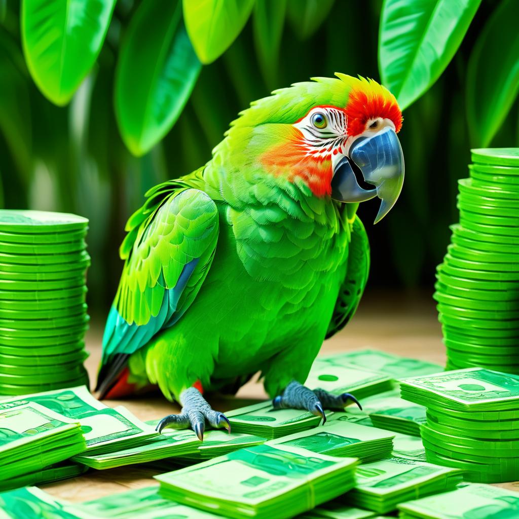 Humorous Green Parrot Counting Money