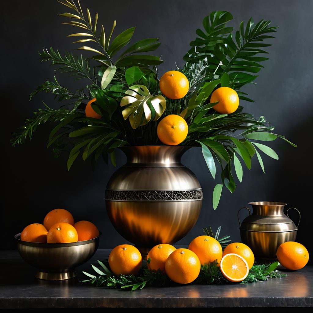 Elegant Metal Vase with Greenery and Oranges