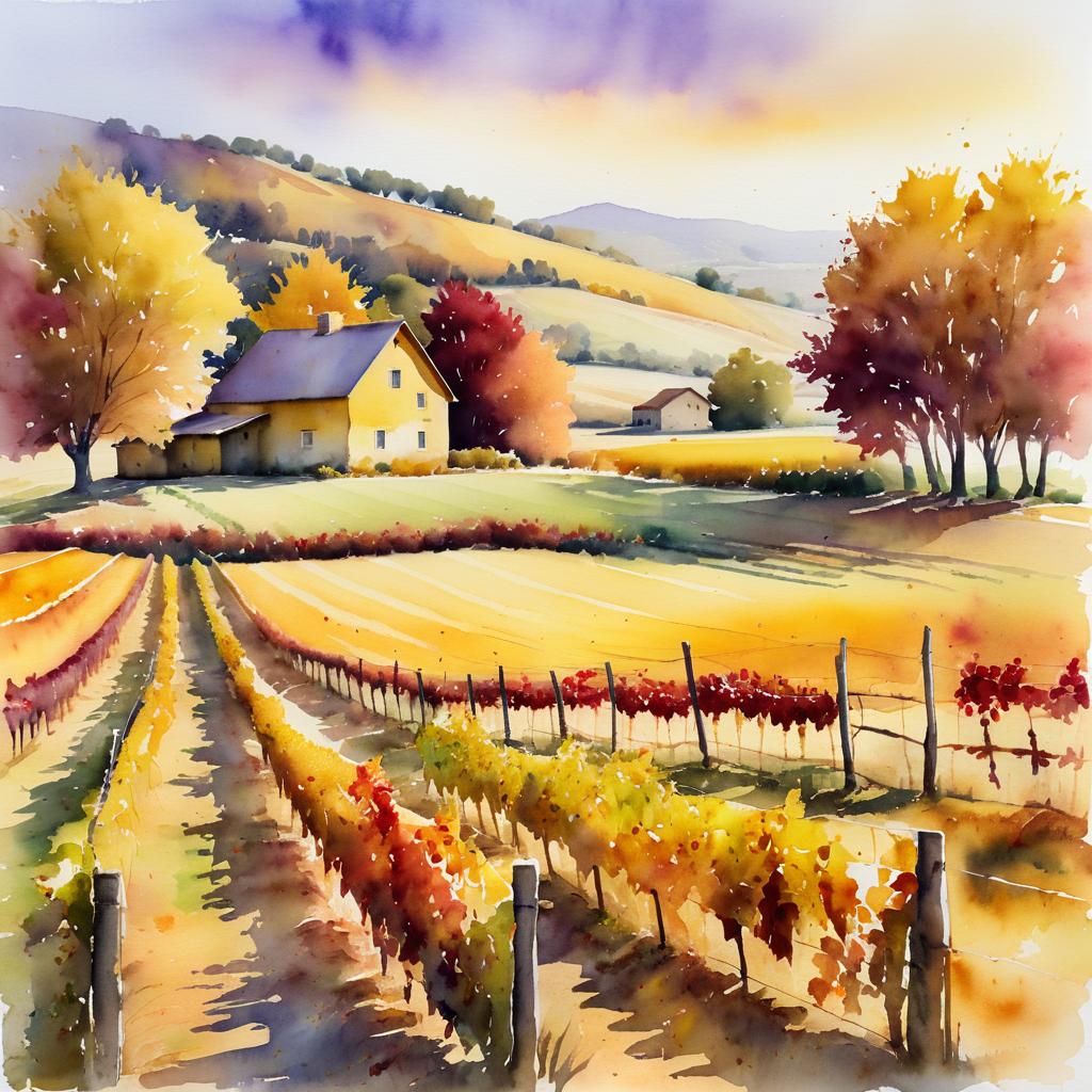 Tranquil Autumn Vineyard Watercolor Artwork