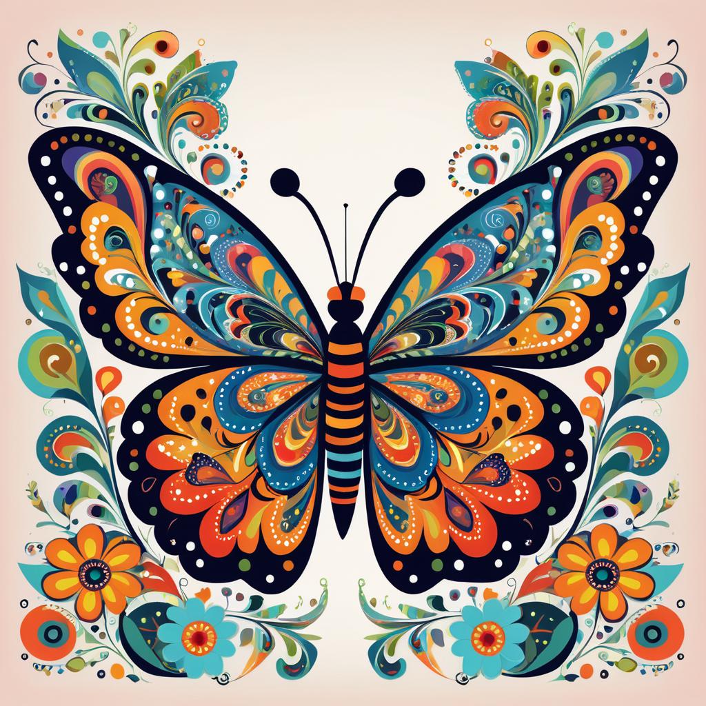 Vibrant Whimsical Butterfly Folk Art