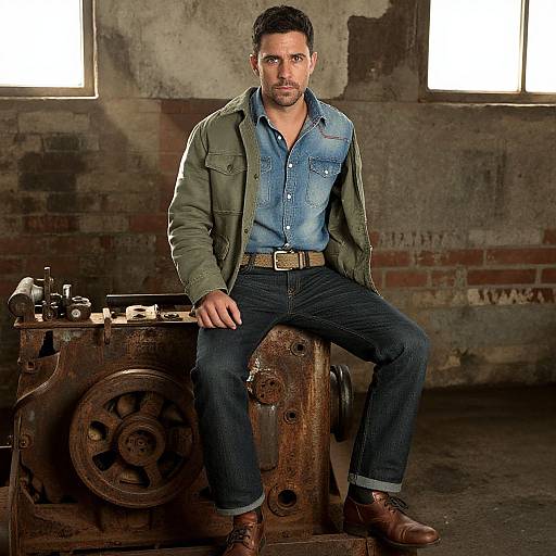 Photograph of a handsome, bearded man with dark hair, wearing a green jacket, blue shirt, and denim jeans, sitting on an old,