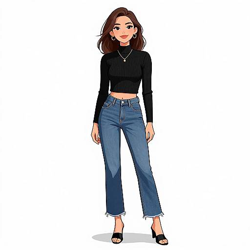 Digital illustration of a cute, young woman with shoulder-length brown hair, wearing a black turtleneck, blue jeans, and black sandals, standing against