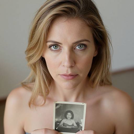 Photograph of a topless, blue-eyed blonde woman with fair skin holding a black-and-white photo of herself in a seated pose.