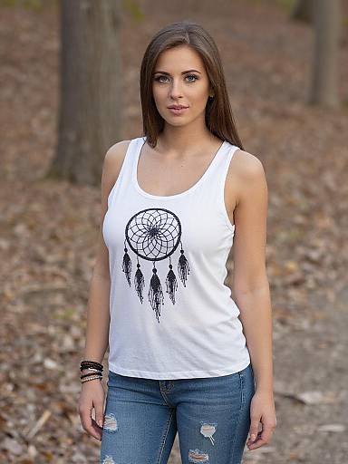 Photograph of a young woman with straight brown hair, wearing a white tank top with a dreamcatcher design, blue distressed jeans, and black bracelets