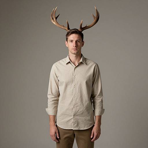 Man Wearing Antlers and Beige Shirt