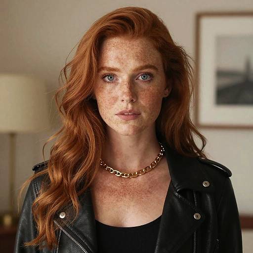 Photorealistic image of a freckled redheaded woman with wavy hair, wearing a black leather jacket and gold chain necklace, looking directly at