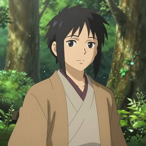 Anime-style drawing of a young man with black hair and brown eyes, wearing a beige kimono over a white shirt, standing in a lush, green