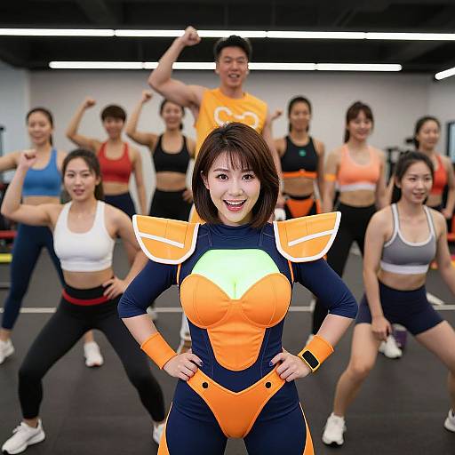 Photograph of a smiling Asian woman in an orange and black athletic outfit with shoulder armor, leading a fitness class in a gym. Background: diverse,