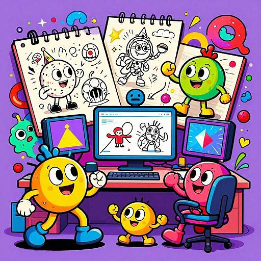 Vibrant cartoon illustration of colorful, cheerful, anthropomorphic characters drawing on computers, surrounded by sketchbooks and colorful splashes, set against a purple
