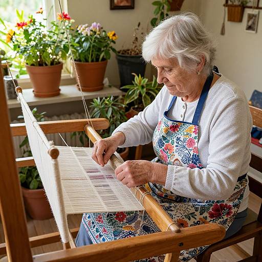 Photograph of an elderly white woman with short gray hair, wearing a floral apron, concentrating on weaving on a wooden loom, surrounded by p