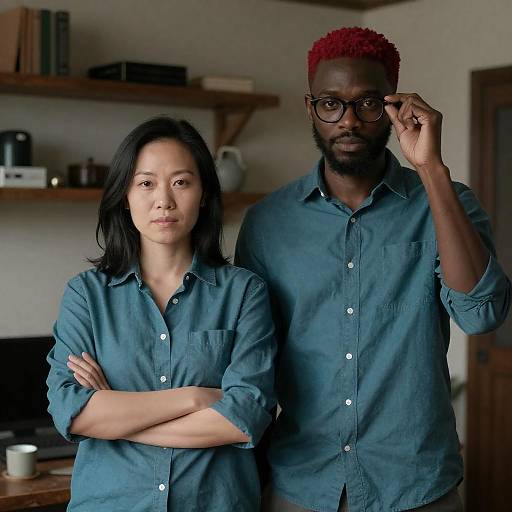 Confident Teal Duo in Rustic Room