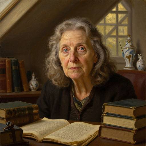Photorealistic painting of an elderly woman with gray hair, sitting in a dimly lit attic, surrounded by books, an open book, and decorative