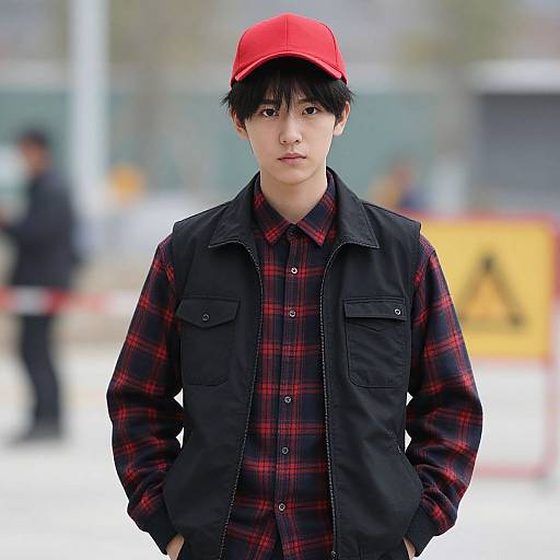 Photograph of an Asian man with black hair, wearing a red cap, black vest over red plaid shirt, standing outdoors. Blurred background includes