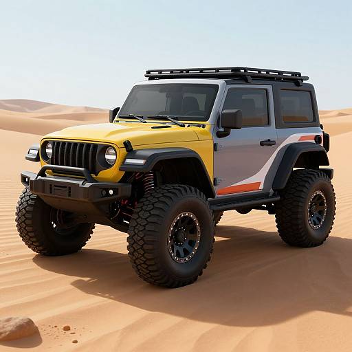 Photograph of a yellow and gray Jeep Wrangler Rubicon with large black tires, roof rack, and desert sand dunes background.