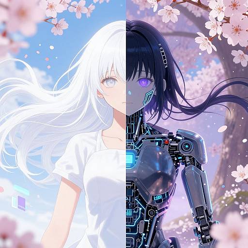 Digital anime artwork of a split-personality girl with one white, one black side, cybernetic arm, surrounded by cherry blossoms.