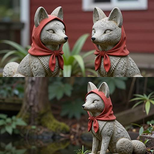 Stone Fox Statues with Red Hoods