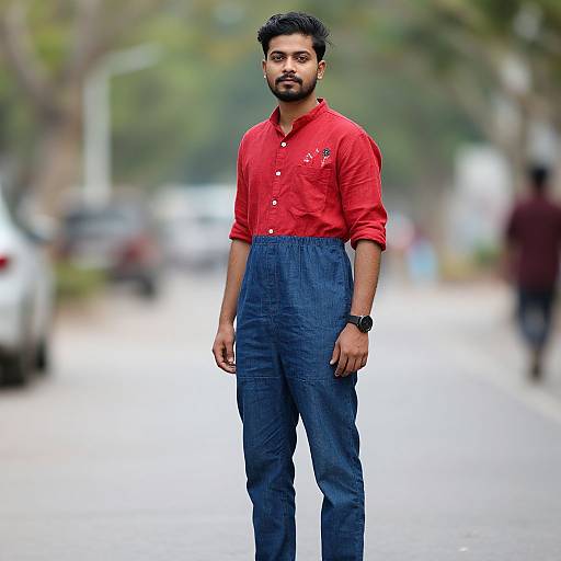 Photograph of a serious-looking Indian man with dark hair and beard, wearing a red button-up shirt and blue high-waisted pants, standing on