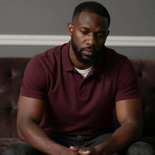 Pensive Man in Maroon Polo Shirt