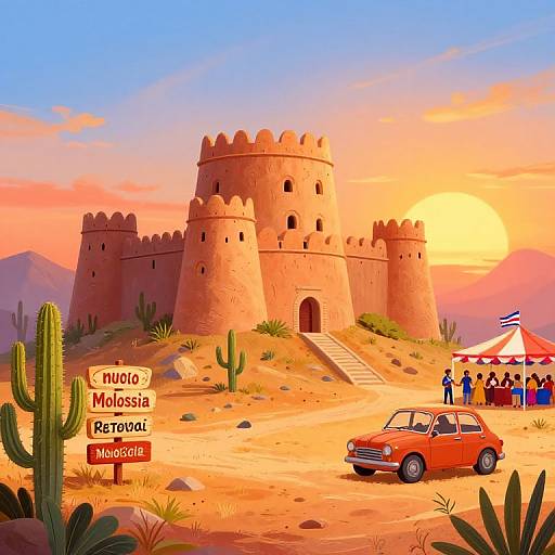 Digital illustration of a sunlit desert castle, 