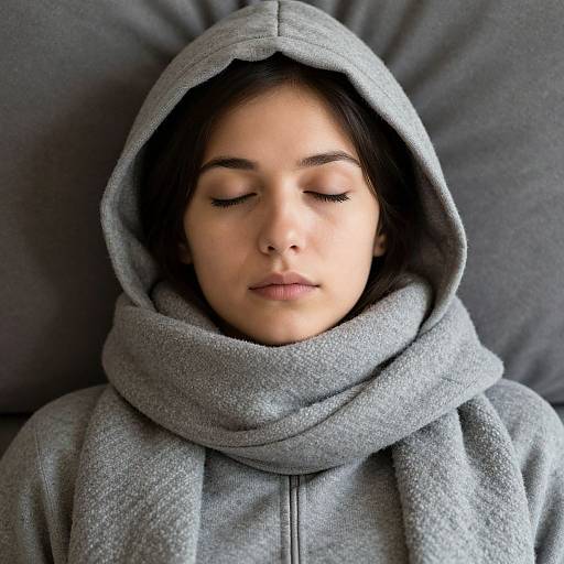 Photograph of a young woman with closed eyes, light brown skin, and dark hair, wearing a gray hoodie and matching scarf, lying on a dark