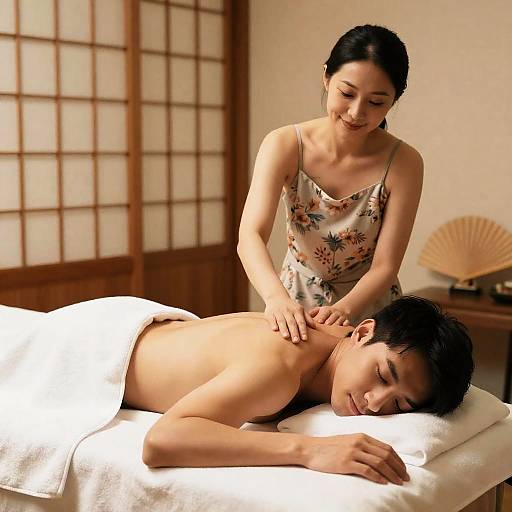 Asian Woman Giving Massage to Relaxed Man