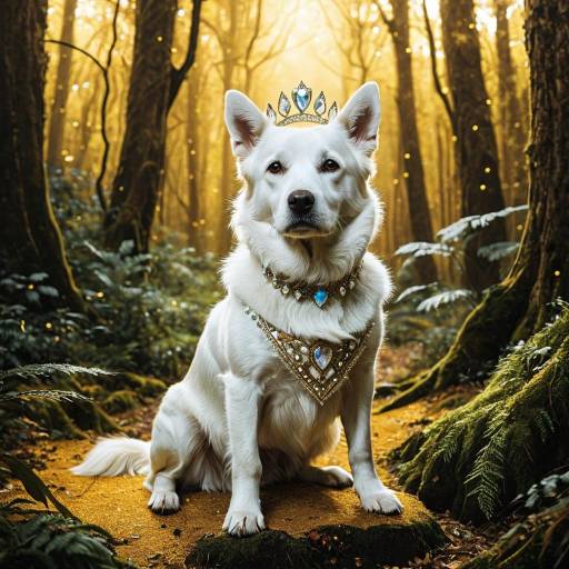 White Dog with Jeweled Tiara in Magical Forest